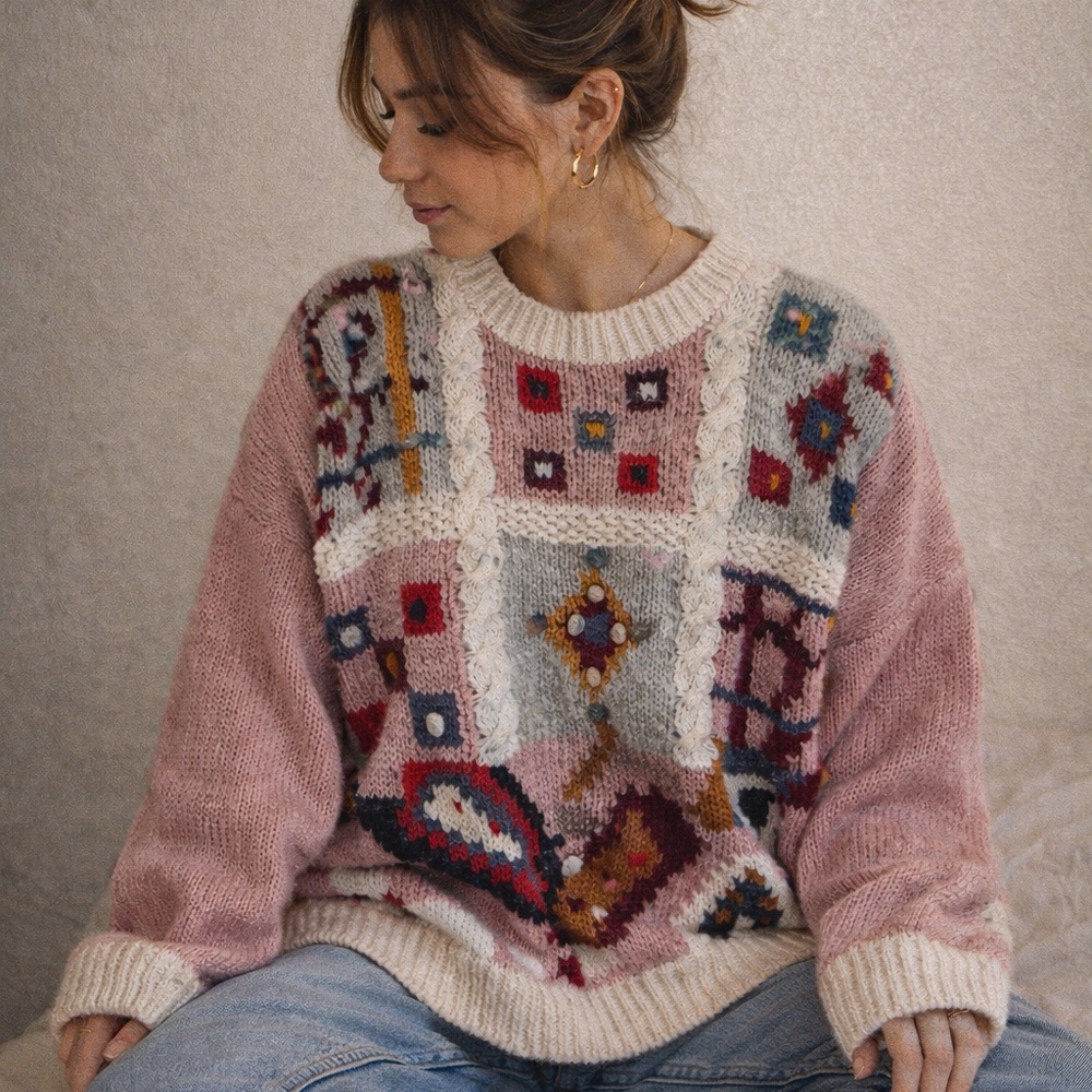 Artisan Patchwork Knit Sweater in Pink and Cream
